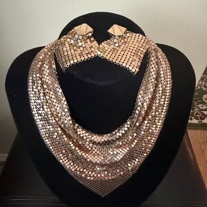 Vintage Rau Klilit Gold Mesh Bib Necklace and Clip Earring Set